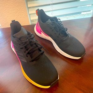 Adidas Women’s 9.5 black with pink to yellow stripe.